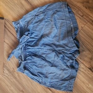 Medium Blue Denim Paper-bag Tie Waist Shorts